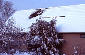 Snow cover on small PV-system on neighbour's slanted roof.