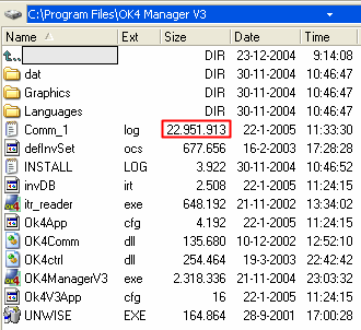 In the newest version of the OK4 Data Manager, communication is continuously monitored in a "Comm_1.log" datafile that grows continuously (file can be deleted any time but will be refreshed from zero when starting up the program).