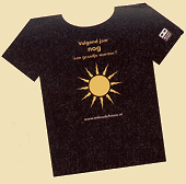 Solar T-shirts "Next year ANOTHER degree rise in temperature?" for sale at environmental pressure group Milieudefensie's office. © Milieudefensie june 2004.