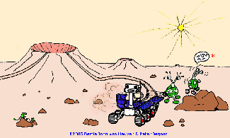 Is Opportunity's loss of dust from its solar panels a mystery? Off course not! The native desert inhabitants of this red planet just are not on speaking terms with this off-worldly device. While one Martian tries to blow over this peculiar "rover", the other one is running away, screaming the universal (*) "Help, intruders!". The Martian equivalents of planet Earth's desert rats are watching the spectacle in bewilderment.