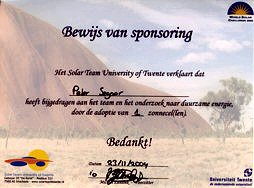 Proof of sponsorship of one solar cell for STUT's participation in the World Solar Challenge 2005  in Australia.