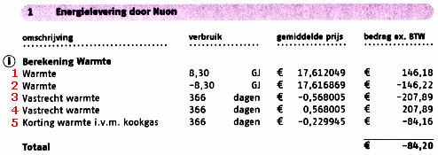 One of the many "typical", totally incomprehensible calculation "tricks" by Dutch energy provider NUON, on a corrective bill for fixed  costs of natural gas, as a peculiar so-called "discount" on the fixed posts for central heating (5th post).